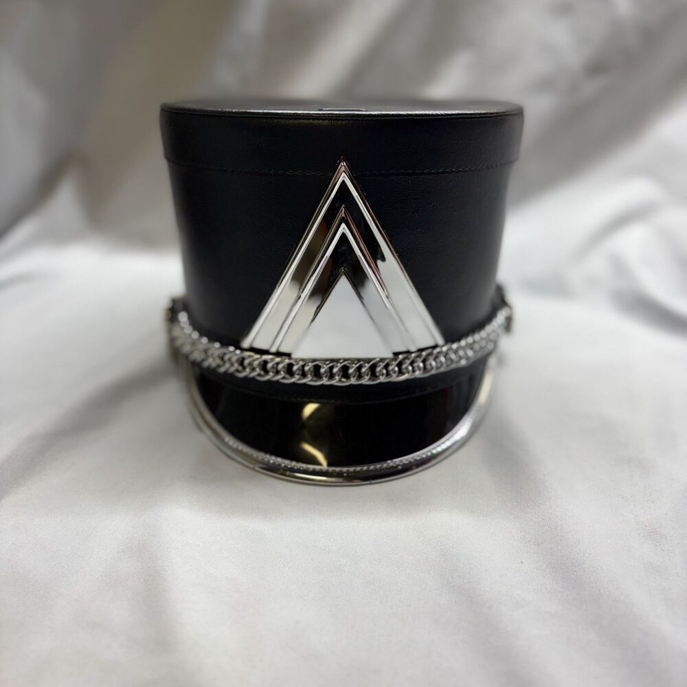 Black Marching Band Shako Hat‎ with Silver Triangle Emblem & Storage Box Costume